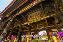 Close Up Detailed Of Elaborate Architecture Of Longshan Temple In Taipei, Taiwan
