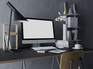 Wall Mural - 3d rendering of mockup template of blank white screen for design and ui presentation on elegant home office workspace with pc in the center on black designer desk in three quarter perspective view