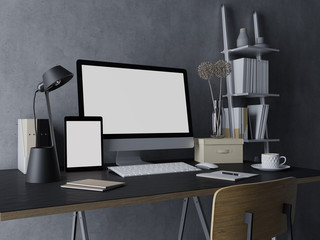 Wall Mural - 3d rendering of mock up template of blank white screen of desktop and tablet on the left for your web and apps design presentation in black trendy workspace on messy desk in three quarter view