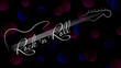 Music background. Guitar and inscription rock and roll on black futuristic background. Design invitations to party, disco, music banner, flyer, cover, wallpaper. Vector illustration.