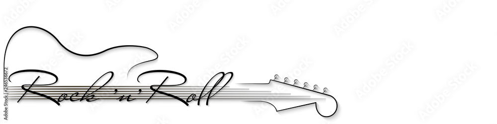 Black and white music background. Guitar and inscription rock'n'roll . Design of invitation to party, disco, music banner, flyer, cover, wallpaper. 3D vector illustration. Paper cut out style. - obrazy, fototapety, plakaty 