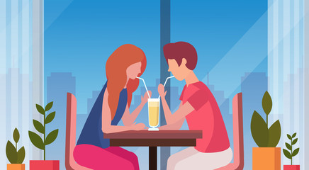 couple drinking coffee through straw together happy valentines day concept man woman in love romantic dating modern restaurant interior horizontal portrait flat