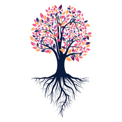 Autumn silhouette of a tree with colored leaves. Tree with roots. Isolated on white background.  Vector
