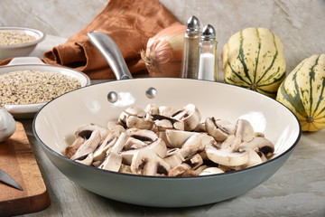 Poster - Raw sliced mushrooms in a skillet