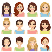 Set Of Cute Girls With Different Hairstyles And Color Vector Illustration Isolated