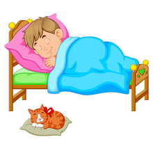 Sleeping Boy In Bed With A Kitten