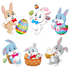 Canvas Print - Set of cute Easter rabbits with Easter eggs