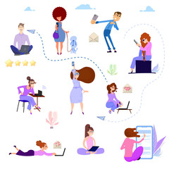 Wall Mural - Men and women vector colorful illustration of communication via the Internet, social networking,chat, video,news,messages,web site, search friends, mobile web graphics