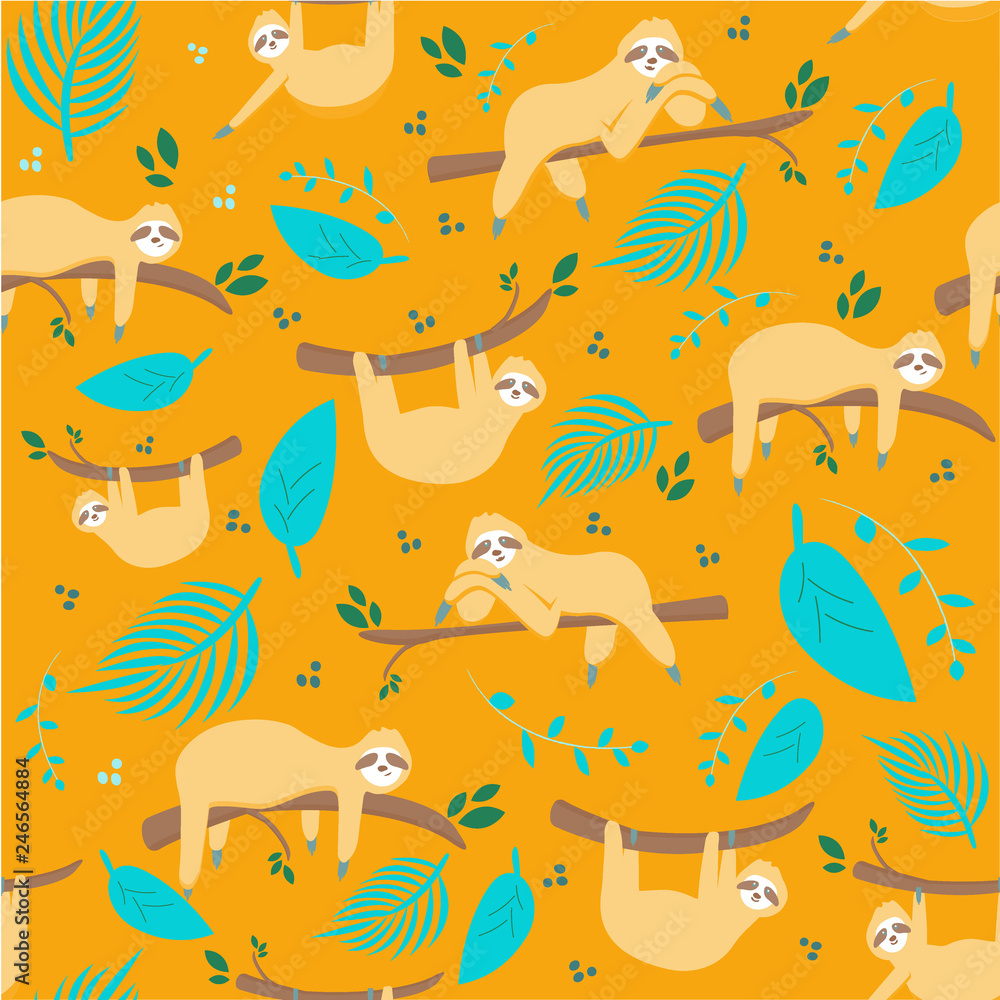 Lovely vector seamless pattern with cartoon sloth characters. Super ...