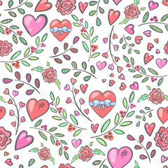 Wall Mural - seamless pattern with hearts and flowers