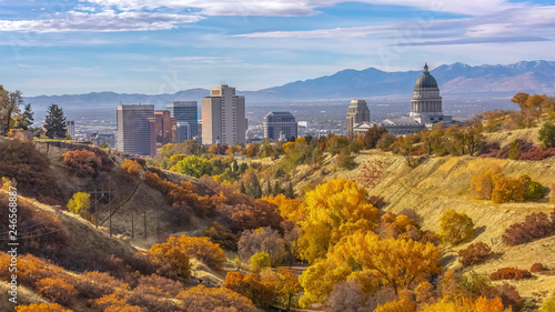 Fall colors on a hill overlooking Salt Lake City