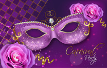 Purple Ornamented Mask And Rose Flowers Vector Realistic. Stylish Masquerade Party. Mardi Gras Card Invitation. Night Party Poster. Dance Flyer. Musical Festival Banner Templates