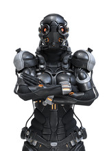 Science Fiction Cyborg Female Standing With Arms Crossed On Her Chest. Serious Young Girl In A Futuristic Black Armor Suit With A Helmet. Futuristic Soldier Concept. 3D Rendering On White Background.