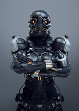 Science Fiction Cyborg Female Standing With Arms Crossed On Her Chest. Serious Young Girl In A Futuristic Black Armor Suit With A Helmet. Futuristic Soldier Concept. 3D Rendering On Gray Background.