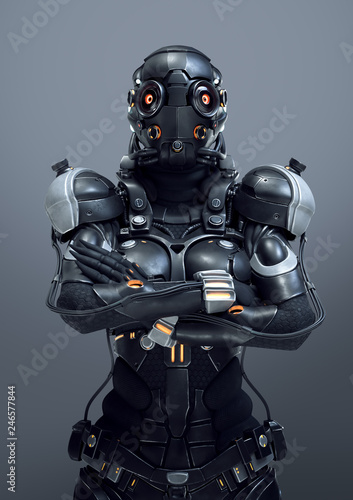 Science Fiction Cyborg Female Standing With Arms Crossed On Her Chest Serious Young Girl In A Futuristic Black Armor Suit With A Helmet Futuristic Soldier Concept 3d Rendering On Gray Background Stock Science Fiction Cyborg Female Standing With Arms Crossed On Her Chest Serious Young Girl In A Futuristic Black Armor Suit With A Helmet Futuristic Soldier Concept 3d Rendering On Gray Background Stock