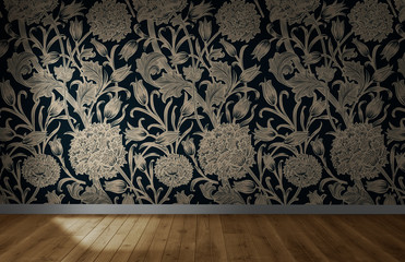 Wall Mural - Floral wallpaper in an empty room with wooden floor