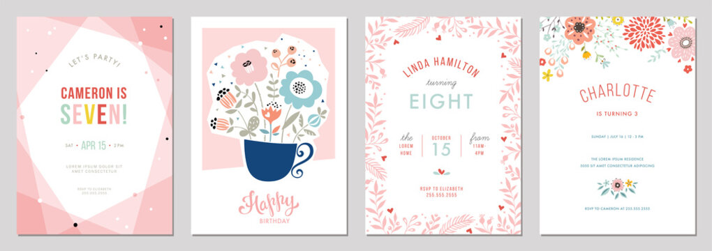 birthday floral card set. vector illustration.