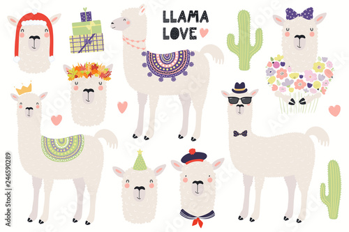 Set of cute llamas, in a crown, autumn leaves wreath, party hat, sailor cap, ...