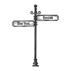Wall Mural - Old american urban road signpost pointer vector illustration. Scratch board style imitation. Black and white hand drawn image.