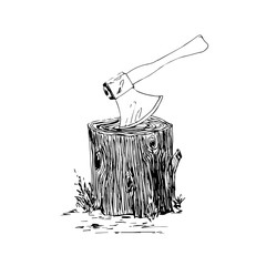 Axe in a stump or stub. Handdrawn vector illustration of lumberjack work. Working tool concept. Isolated on white background.