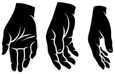 Wall Mural - Cartoon graphic black silhouette human hands. Showing lowered palm gesture or sign. Isolated on white background. Vector icons set. Vol. 2