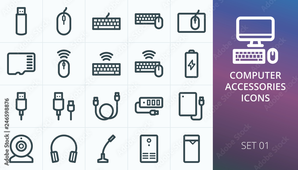 Computer accessories icons set. Set of accessories for pc, computer, desktop, laptop, notebook - wireless mouse, keyboard, flash drive, usb cable, mic, cam, headphones, ups, usb hub vector icons - obrazy, fototapety, plakaty 