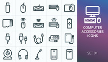 Computer Accessories Icons Set. Set Of Accessories For Pc, Computer, Desktop, Laptop, Notebook - Wireless Mouse, Keyboard, Flash Drive, Usb Cable, Mic, Cam, Headphones, Ups, Usb Hub Vector Icons