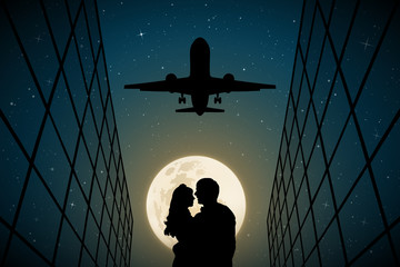 Sticker - lovers under flying plane on moonlit night. vector illustration with silhouette of loving couple. fu