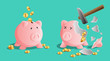 Pink piggy bank icon and broken piggy moneybox with cold coins and a hammer. Piggi broken by hammer, bright gold coins, keeping, saving money concept, vector illustration