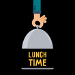 © newb1 - Restaurant cloche in hand lunch time. Empty blank food serving tray plate and elegant waiter hand. Flat vector illustration.