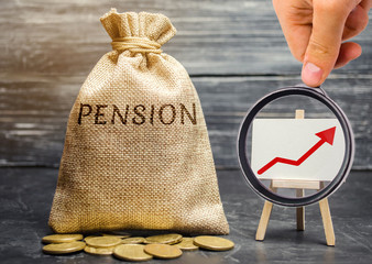 Bag with money and word Pension and up arrow with coins. Increase pension payments. Saving money, retirement. Future investment. Accumulation of pension contributions. Loan portfolio growth.