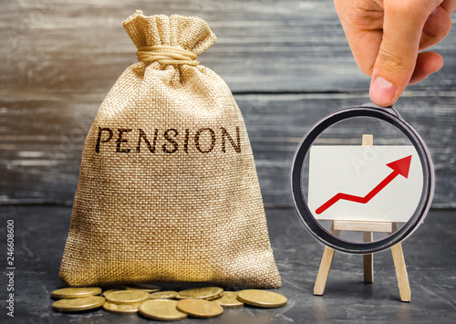 Fotografía Bag with money and word Pension and up arrow with coins