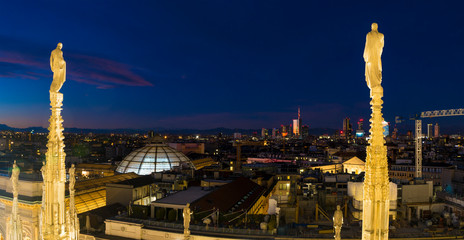 Wall Mural - Aerial view of Milan skyline by night from Duomo (cathedral) roof. Spire in the foreground and skyscrapers of the Porta Nuova district in the background.