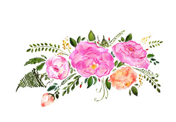  Watercolor hand drawn different flowers bouquet. Isolated floral illustration on white background.