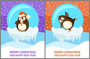 Wall Mural - Set of snow-globe with penguin. Standing animal with ice-cream in Santa hat and funny skating vector. Greeting card with Merry Christmas and Happy New Year