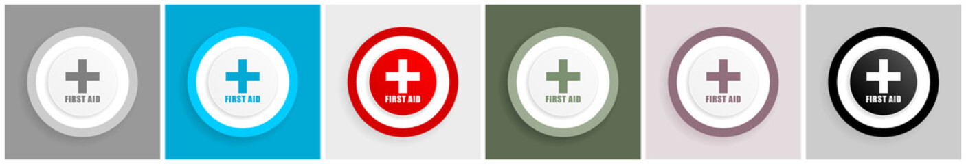 Poster - First aid icon set, vector illustrations in 6 options for web design and mobile applications