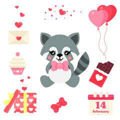 Wall Mural - cartoon cute raccoon with tie sits and valentines day element