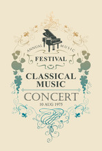 Vector Poster For A Concert Of Classical Music With Grand Piano And Vignette In Vintage Style On Beige Background