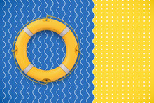 3d Rendering Of A Bright Yellow Life Buoy Lying On A Contrast Background Symbolizing Waves And Sand.