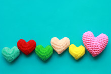 Colorful Of Handmade Crochet Heart On Blue Background For Valentines Day
