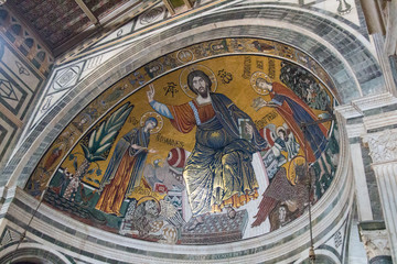 Wall Mural - The medieval mosaic of Christ between the Virgin and St Minias in Basilica San Miniato al Monte, Florence, Tuscany, Italy.