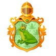 Golden ornate coat of arms or emblem with the image of a green frog in the royal crown isolated on white background. Vector cartoon close-up illustration.