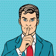 Man putting her forefinger to her lips for quiet silence. Making silence gesture shhh. Pop art comics style. Vector illustration blue background