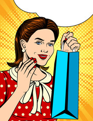 Wall Mural - Color vector illustration in the style of art girl with packages from the store. Happy girl face with shopping bags. Beautiful girl dressed in retro style holds in her hand new purchases.