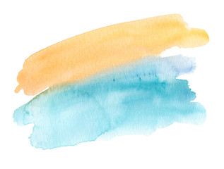 Light yellow and blue brush strokes. Watercolor stain on clean white background