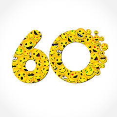 Wall Mural - 60 th years old congrats. Isolated yellow letter O logotype. Abstract web graphic symbol of 60 %. Vector label template design. Round shape digits, up to -60 % percent off. Discount business sign