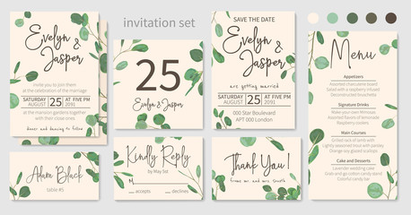 Set of wedding invitations, floral invitations, table, menu, thank you, rsvp card design. Eucalyptus silver dollar, light green with long leaves botanical. Vector elegant watercolor rustic , template