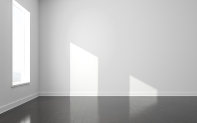 Poster - 3D stimulate of white empty room and dark laminate floor with sun light cast shadow on the wall,Perspective of minimal design architecture