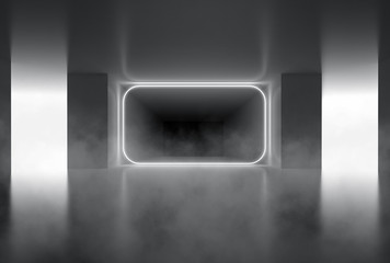 In the background - an empty tunnel, the room is lit by neon light. Background of empty space. Concrete coating, laser square figure in the center of the room. 3d illustration