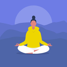 Meditation. Outdoor Yoga. Harmony And Relaxation. Calm Female Character Sitting In A Lotus Pose. Flat Editable Vector Illustration, Clip Art. Modern Healthy Lifestyle